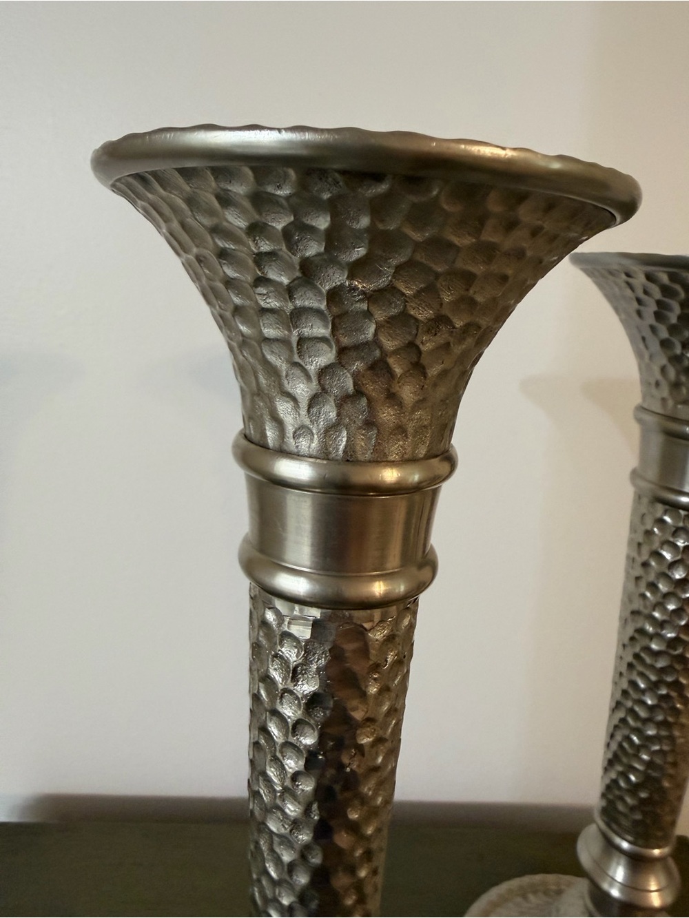Hammered Metal Silver Candlestick Pair - SLAH - Picture 2 of 6